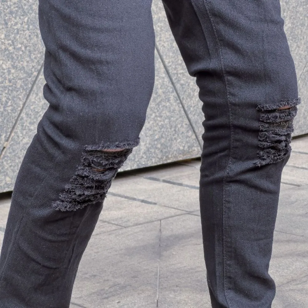 Men's Stretch Jeans Slim Fit Solid Color Invisible Open Crotch Outdoor Sex Ripped Tight Denim Casual Trousers Exotic Pants