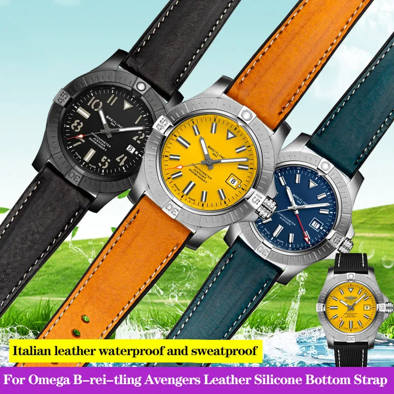 20mm 22mm 24mm Italian Leather + Silicone Bottom Watchband for Omega Breit-ling Avenger Men Waterproof Rubber Strap Bracelet