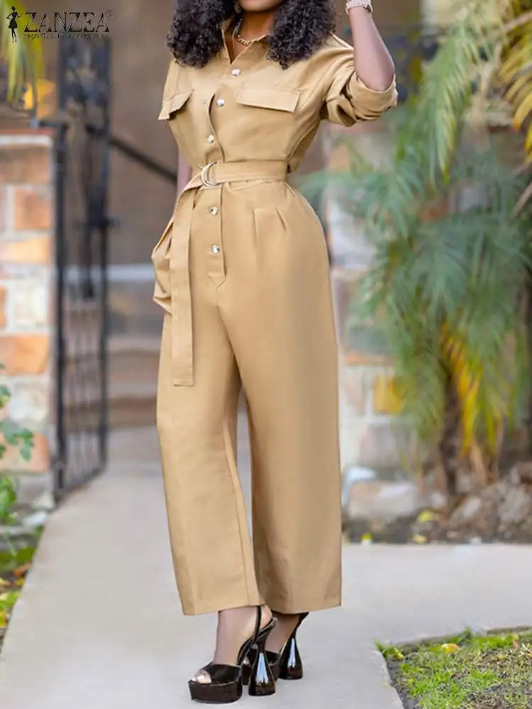 

ZANZEA Casual Long Sleeve Belted Overalls Fashion Women Cargo Jumpsuits 2023 Autumn Lapel Neck Rompers Elegant Wide Leg Playsuit