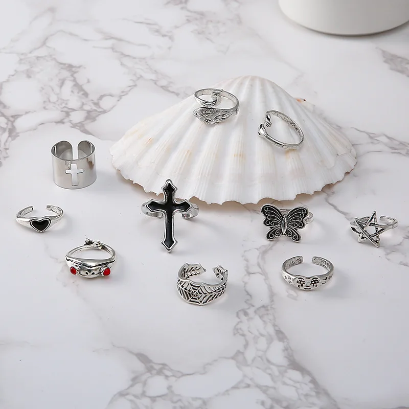 LATS Vintage Silver Plated Cross Ring For Women Gothic Punk Steampunk Crying Face Butterfly Frog Ring Sets Party Fashion Jewelry