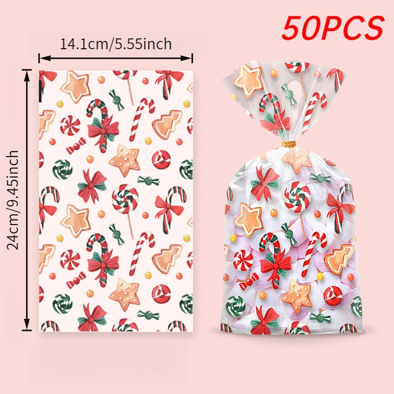 50 Stück wiederverwendbare Weihnachtsgeschenktüten mit goldenem Band – Muster für Weihnachtsmann/Rentier/Bäume/Holly/Süßigkeitstangen, für Weihnachten
