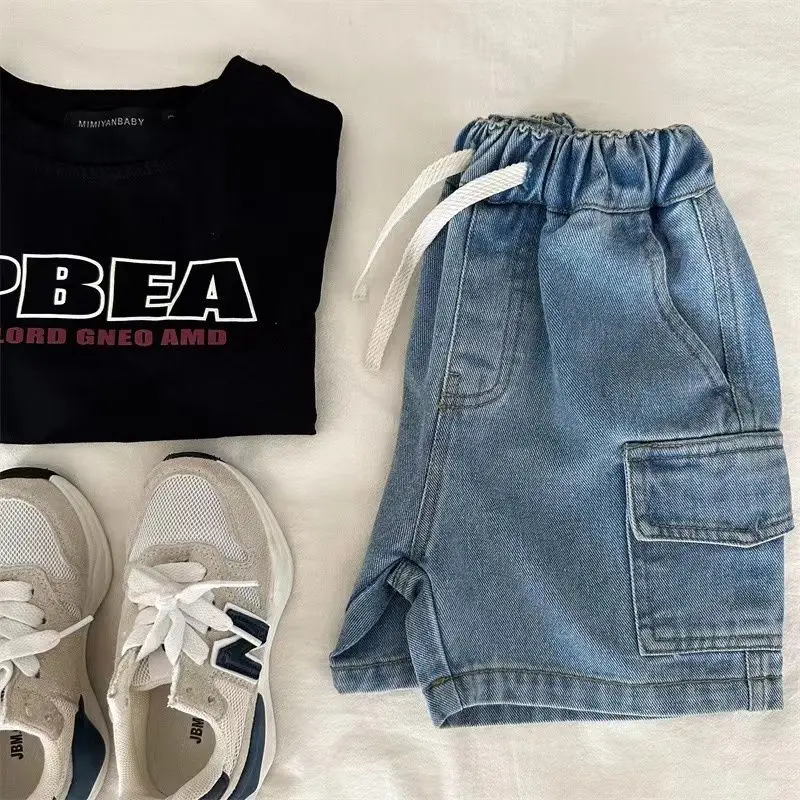 Kids Shorts Boys Girls Denim Shorts Summer Elastic Waist Drawstring Solid Color Pocket Cargo Jeans Baby Boys Casual Shorts
