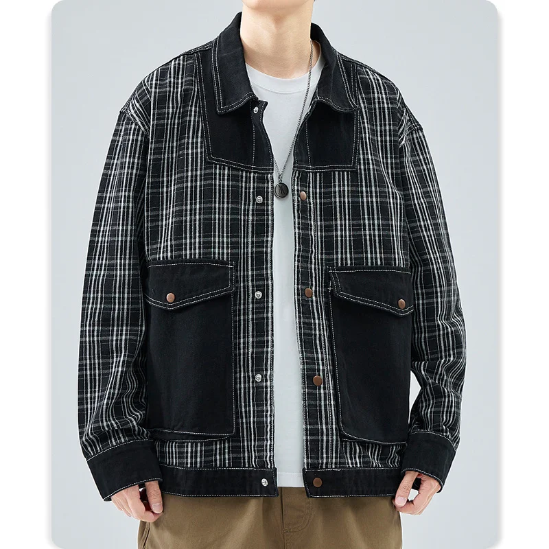 

Autumn new black matching plaid denim coat men loose handsome casual jacket