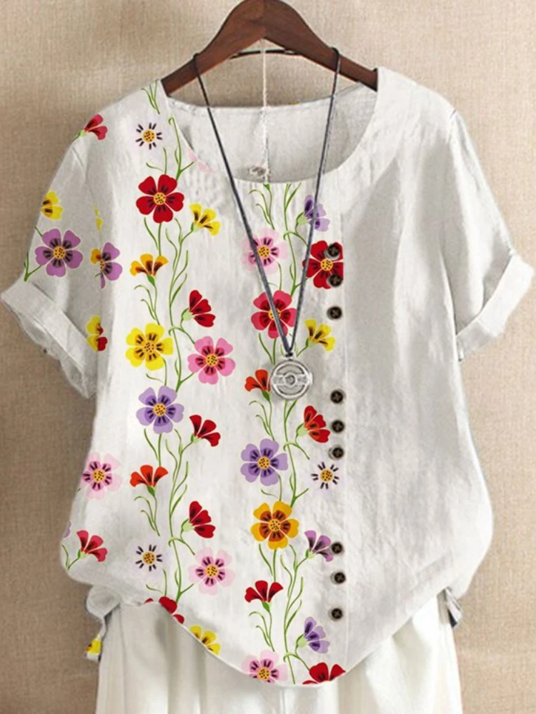 

New Summer Short Sleeve Shirt Women's Dress Flower Print Button Decoration Loose Casual T-shirt Oversized Top Woman Tshirts