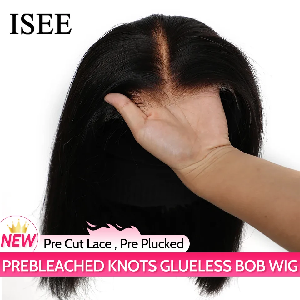 ISEE Hair Wear Go Glueless Wigs Preplucked Straight Short Bob Prebleached Ready To Wear Wigs For Women Pre Cut Lace Wear Go Wig