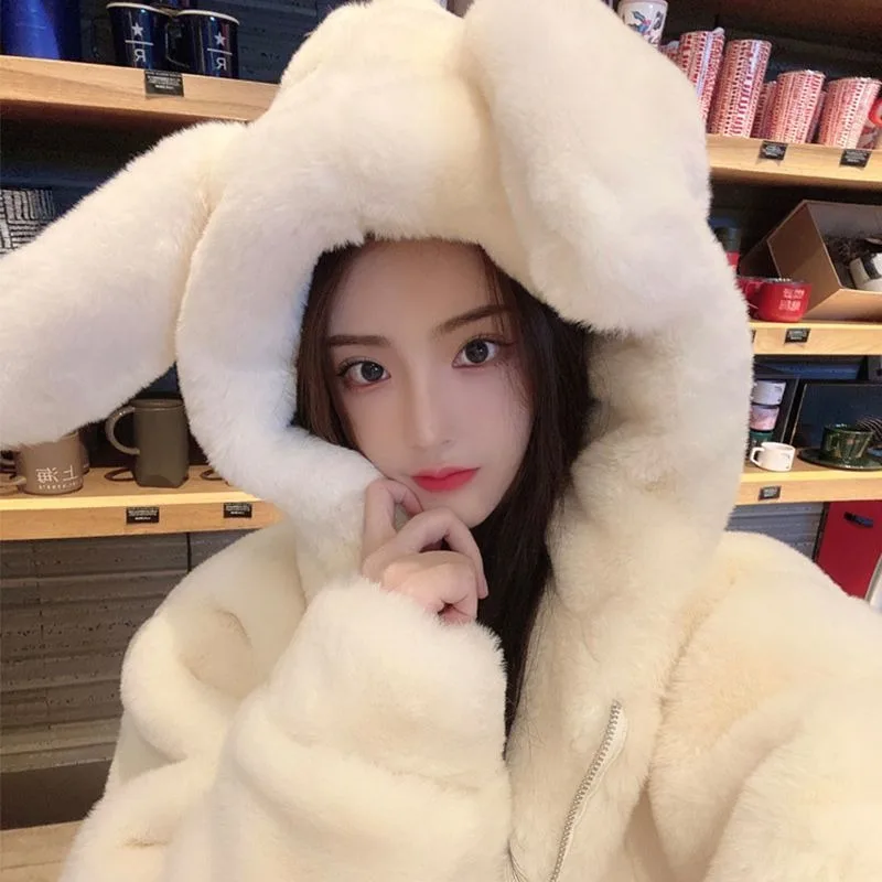 

2023 Winter New Imitation Rex Rabbit Fur CoatThickened Plush Jacket Women's Cute Ears Hooded Coat Long