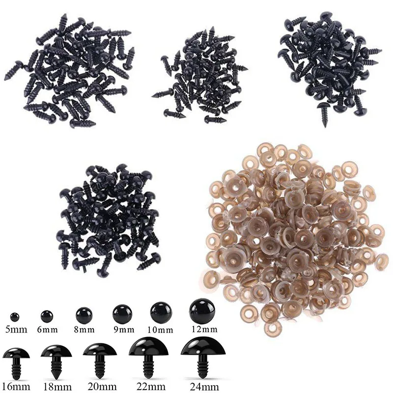 100pcs Safety Plastic Craft Eyes With Washers, 12mm Black Teddy