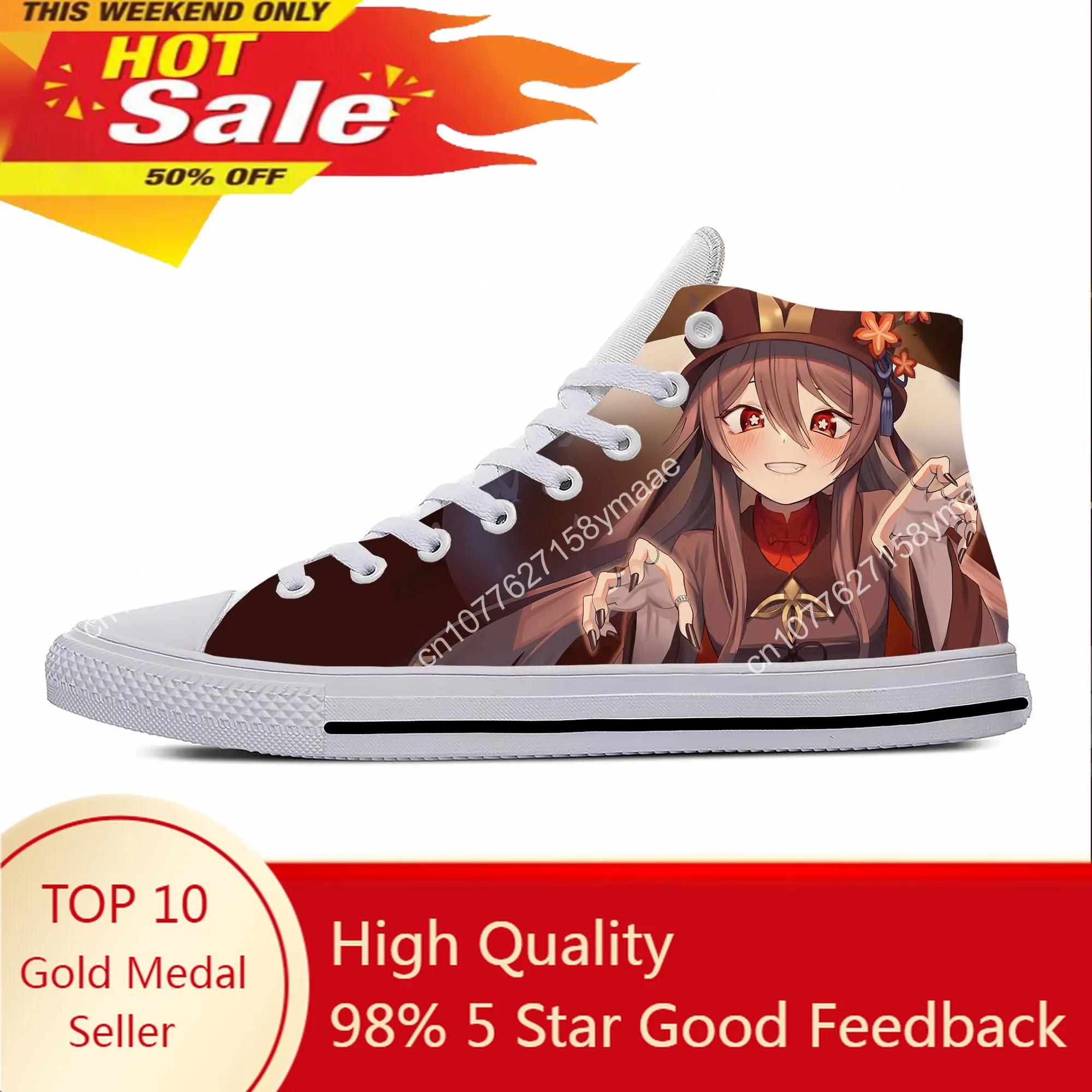

Anime Cartoon Manga Game Genshin Impact Hu Tao Casual Cloth Shoes High Top Lightweight Breathable 3D Print Men Women Sneakers