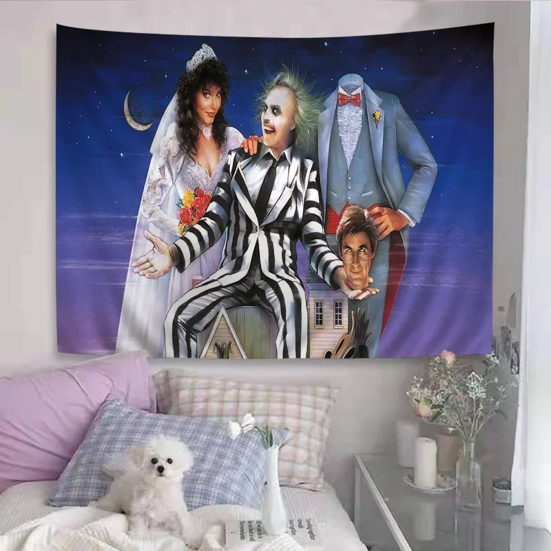 thumbnail image 1 of Tapiz de gusanos de arena de la película de terror de Tim Burton, Beetlejuice, tapiz de anime, tapiz colgante de tarot, alfombra de pared hippie, losas para colgar en la pared del dormitorio, 1 of 5