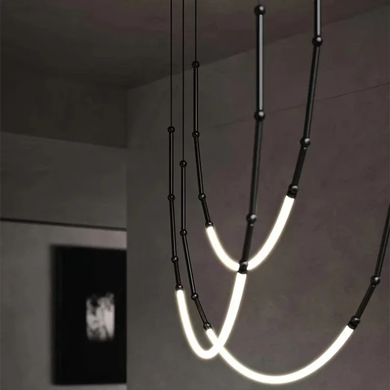 Italy Designer Bar Shaped Restaurant Light Pendant for Duplex Penthouse Soft Chandelier Line Suspension Ceiling  LED Lighting