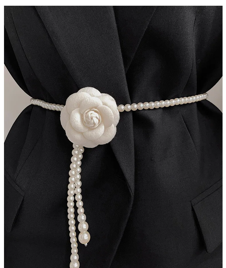 

Fashion Pearl Big Rose Flower Tassel Belts Chain For Women Luxury Design Dress Accessories