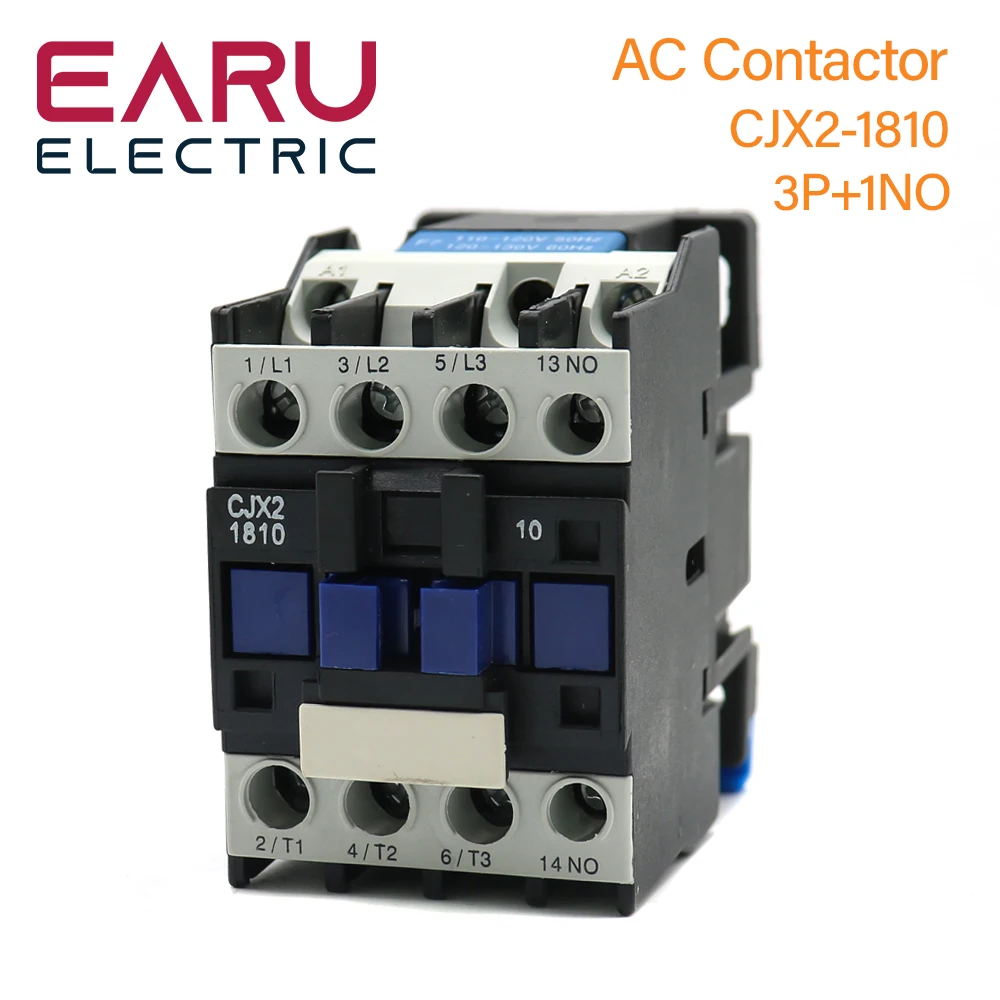 Earu CJX2-1810 LC1 AC Contactor 18A 3 Phase 3 Pole NO Coil Voltage 380V 220V 110V 36V 24V 50/60Hz DIN Rail Mount 3P+1NO Normally Open