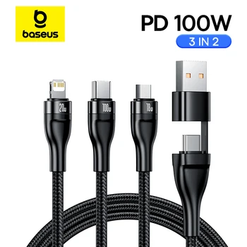 Baseus 아이폰 15 14 13 12 Pro용 3 in 1 USB C타입 케이블 100W 마이크로 맥북 삼성 샤오미용 USB C타입 게이블