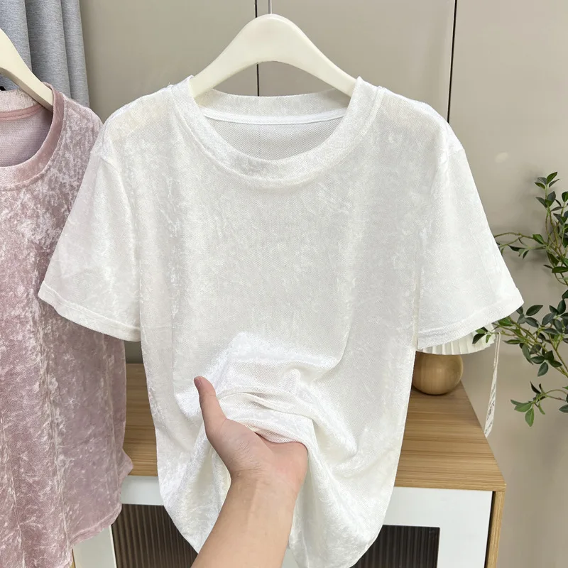 100kg Summer New Tees Fashion Velour Short Sleeve Plus Size Women's T-Shirt Temperament Thin Base Top 625