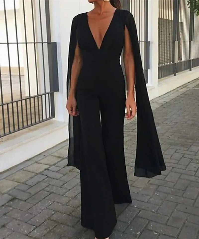 dinner gown Black Jumpsuits Formal Evening Dresses 2022 V Neck Long Cap Sleeve Chiffon Prom Party Gowns Robe De Soiree Vestidos Fiesta party gown for women Evening Dresses