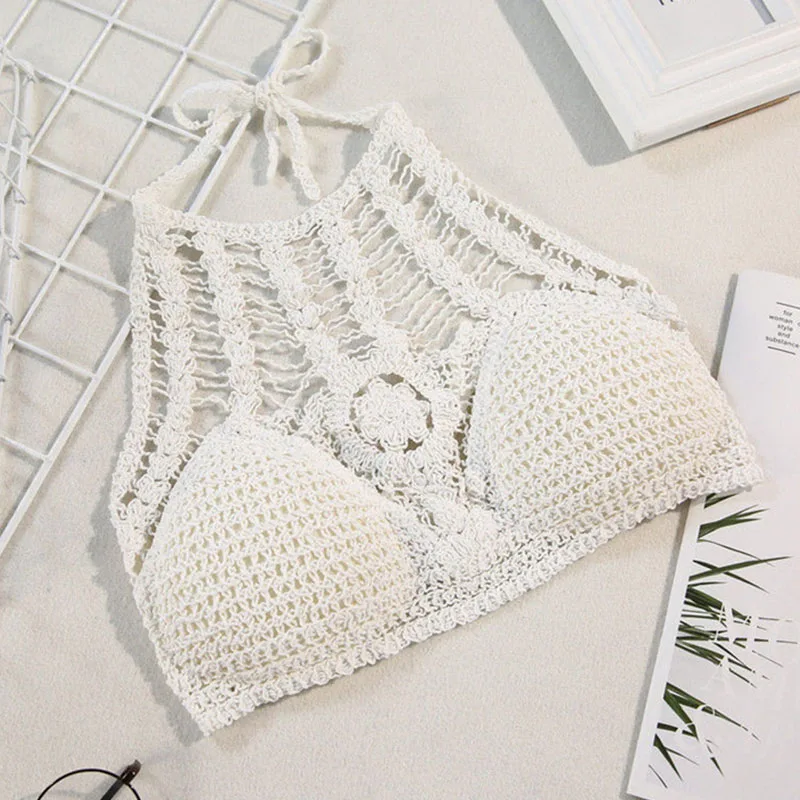 

Halter Tassel Vest Women Crop Tops Crochet Knit Bra Summer Backless Sexy Hollow Swimsuit Bikini Tank Tops Beach Holiday Camisole