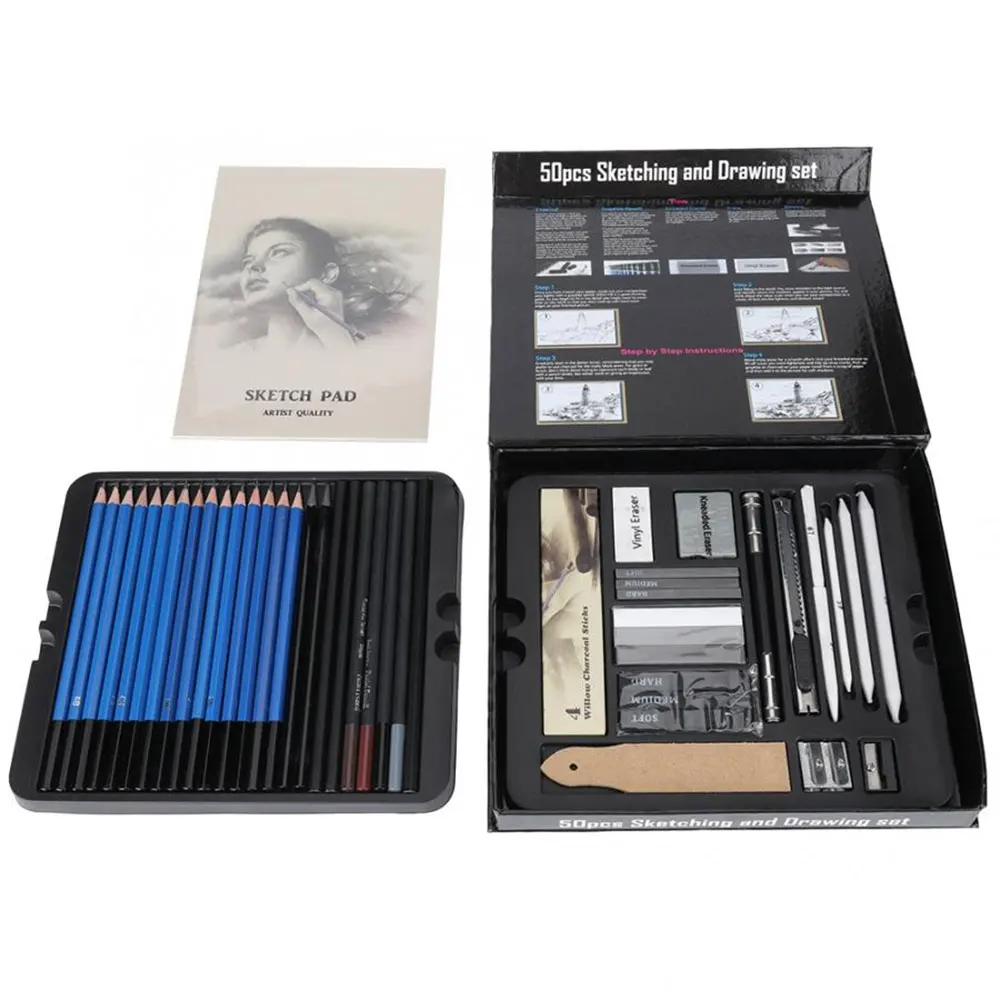 50 Pack Drawing Set Sketch Kit, Sketching Supplies with 3-Color Sketchbook, Graphite, and Charcoal Pencils