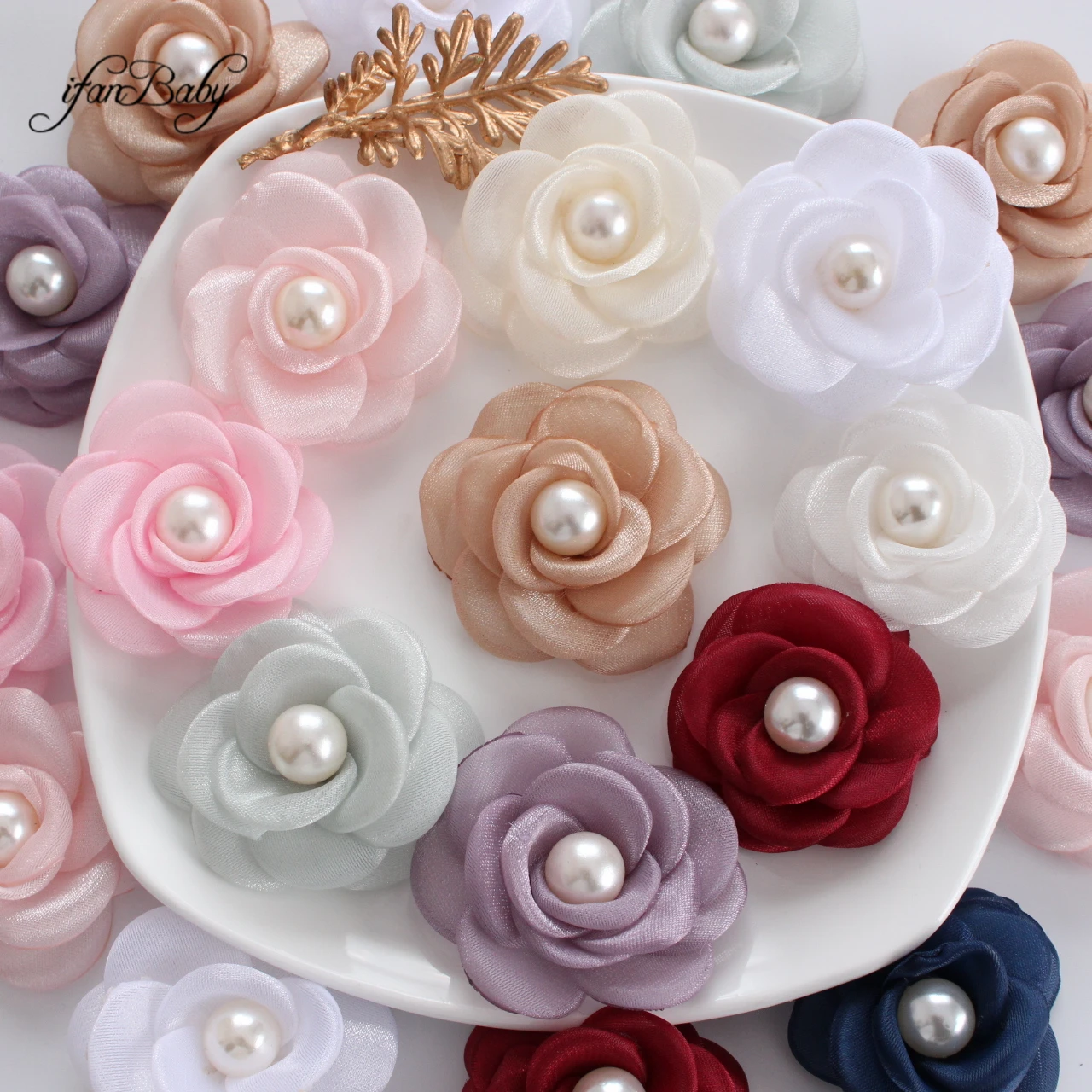 Handgemachte Kamelien Blumen für Haar Kleidung Dekoration verbrannte Kante Rosette Perlenblume Vintage Stoff Kamelie Organza Blume