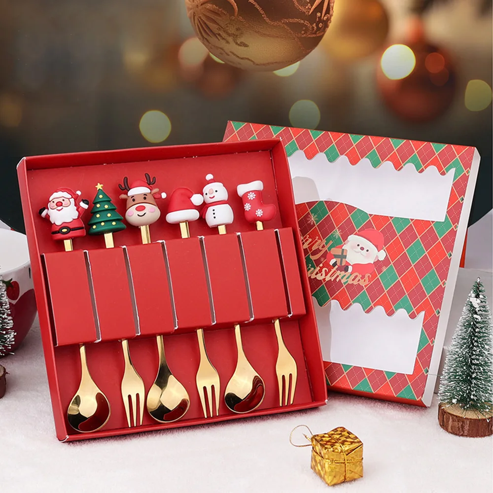 Christmas Gift Gold Spoon Fork Set Elk Christmas Tree Decoration Dessert Scoop Fruit Fork Coffee Spoon Festive Cutlery 6/4 PCS