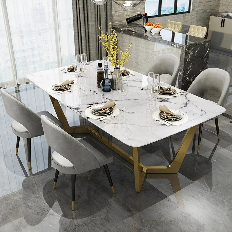 Description Picture 3 of itemMavisun Nordic Stainless Steel Dinette Combination Simple Designer Creative Luxury Rectangular Marble Dining Table With 6 Chairs