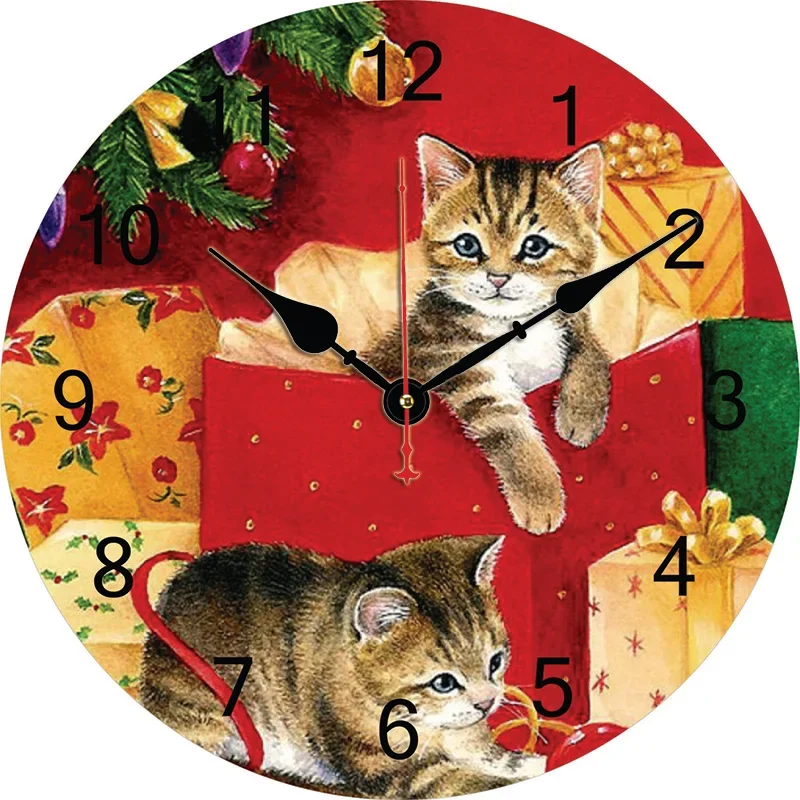 

Рождественские настенные часы с изображением кошки, круглые бесшумные часы, настенные часы, художественный Декор для дома, спальни, гостиной, офиса, украшение