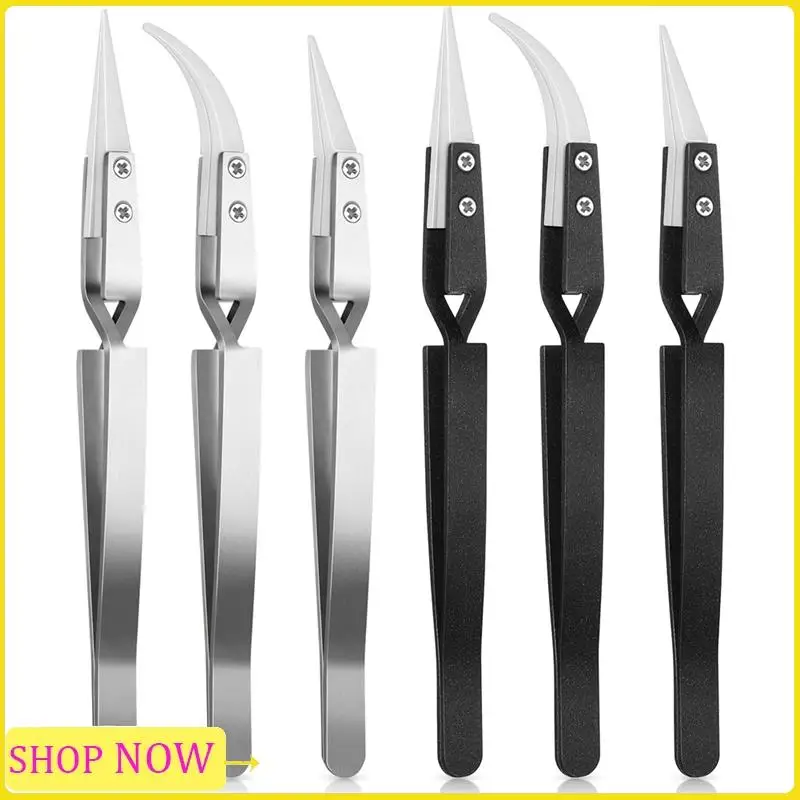 Especial 6Pcs Precision Reverse Tweezers Pointed Curved Tips Tweezer Set Non Conductive, Anti Magnetic Soldering Tweezer