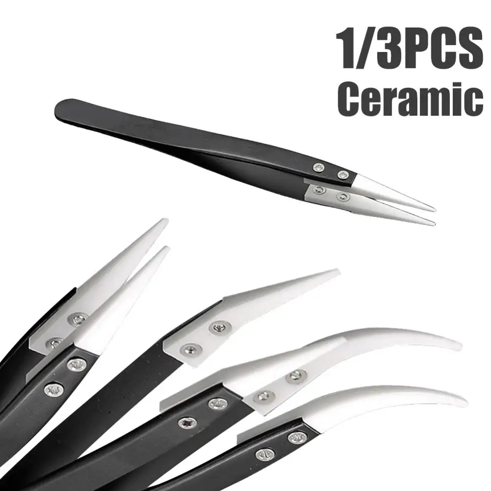 Ceramic Tweezers 3pcs Reverse Non Conductive Anti-Static Heat Resistant Little Curved Big Curved Straight Steel