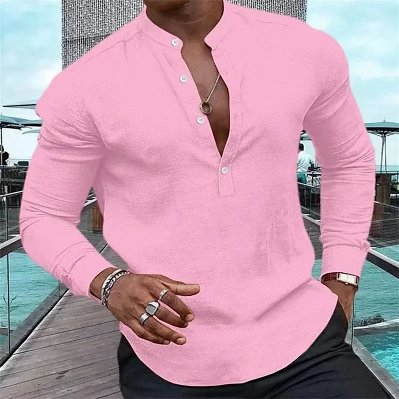 Fashion shirt men's Henry solid color half-open button stand collar muscular men's tops street soft and comfortable 2023 new