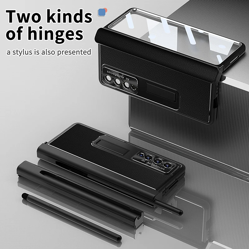 

Luxury Leather Phone Case For Samsung Galaxy Z Fold 5 Z Fold 4 3 Two Hinge Protect Case With Stylus Bracket Screen Protector