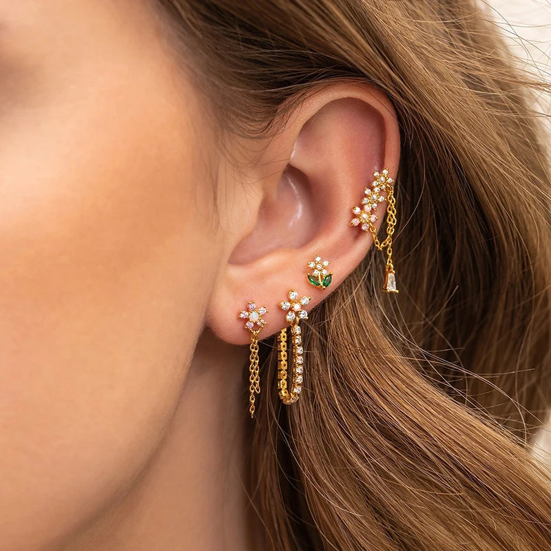 

Exquisite Gold Color Flower Earrings Set for Women Pink Zircon Imitation Pearl Piercing Stud Earrings Party Jewelry Wholesale