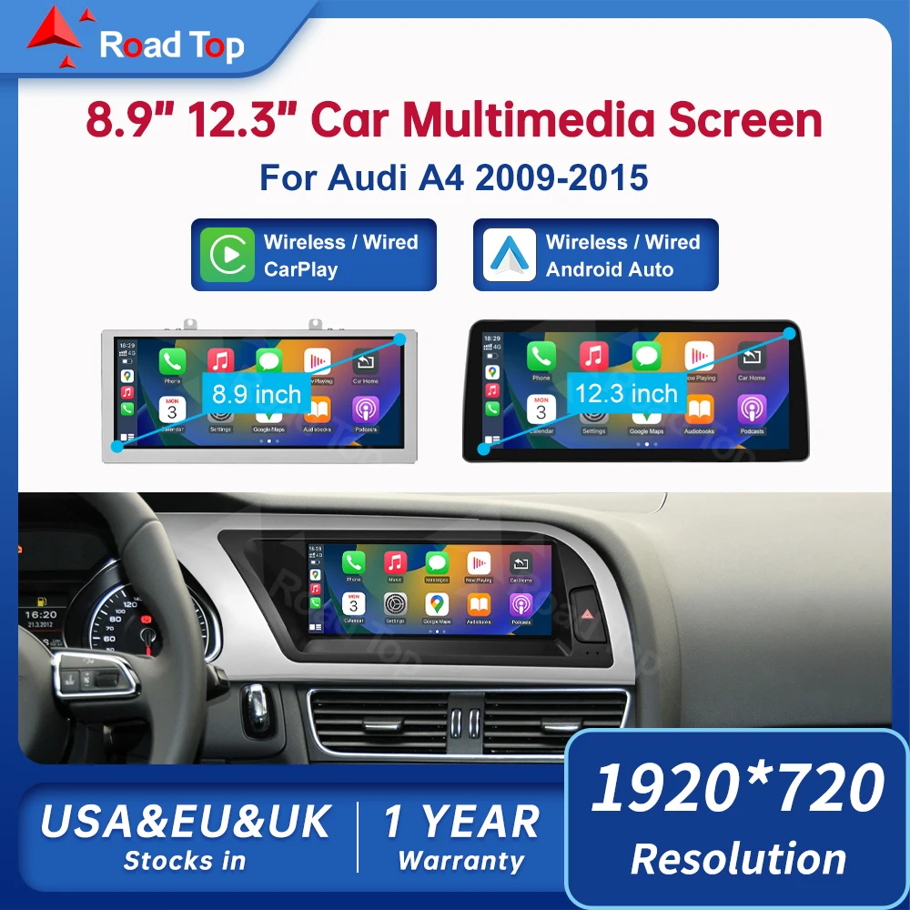 8.9 Inch 12.3'' Road Top Touch Display Multimedia Player Andriod Auto Link For Audi A4 S4 B8 2009-2015 GPS Carplay Screen
