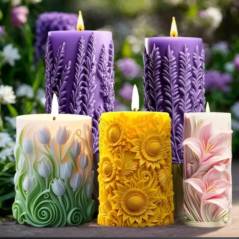 DIY Sunflower Cylinder candle Silicone mold 3D carved pattern flower Tulip soap Plaster crafts cement resin mold Home gift