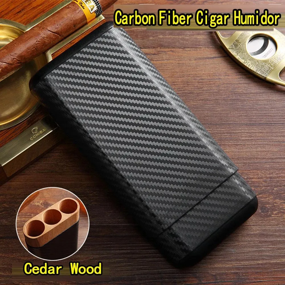 

Black Carbon Fiber Leather 3-Cigar Case Travel Cigar Storage Box Holder Cedar Wood Cigar Humidor Accessories for COHIBA