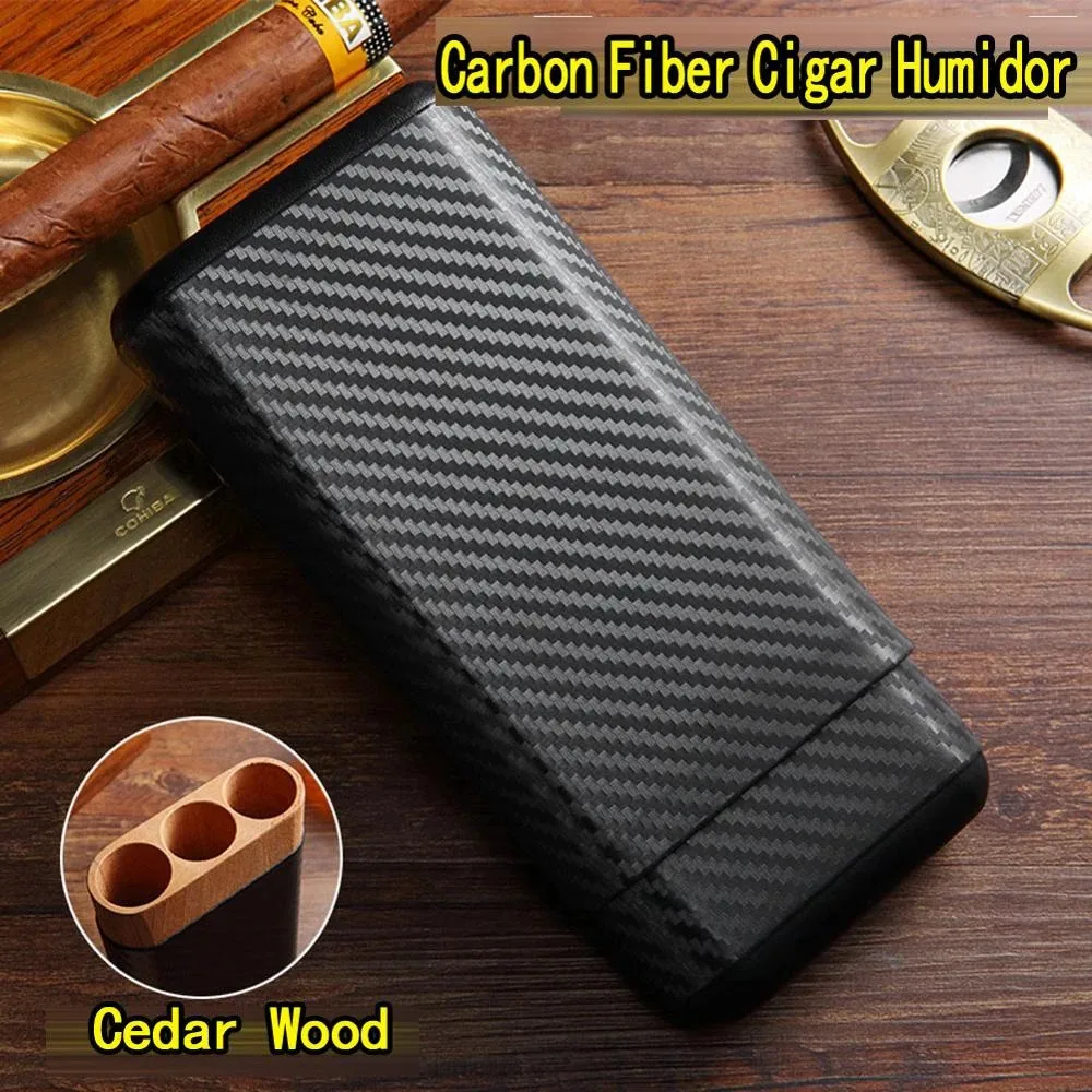 Black Carbon Fiber Leather 3-Cigar Case Travel Cigar Storage Box Holder Cedar Wood Cigar Humidor Accessories for COHIBA