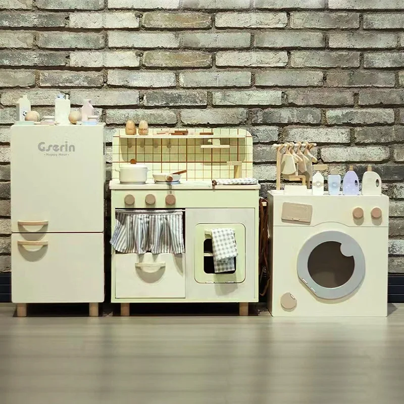 Wooden Children's Simulation Play House Nordic Style Kitchen Refrigerator Washing Machine Mini Cooking Doll Room Set Toys