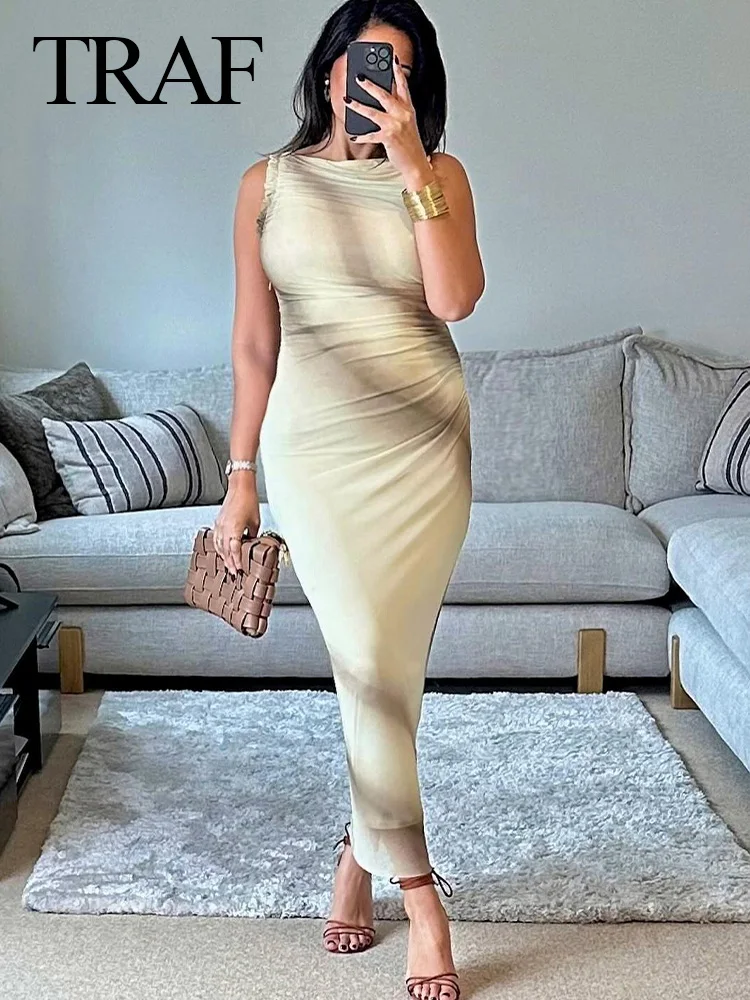 

TRAF Spring Fashion Layered Decorative Silk Print Women's Pleated Dress Sleeveless Slim Pleated Robe Party Women's Midi Dress