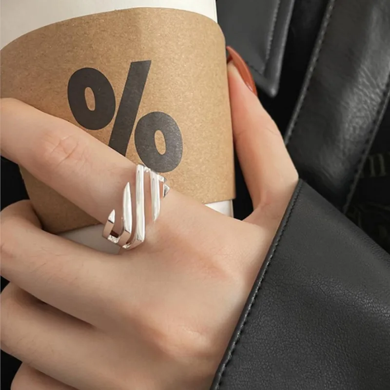 Silver Color Geometric Square Hollow Ring for Women Simple Fashion Adjustable Rings Jewelry Accessories