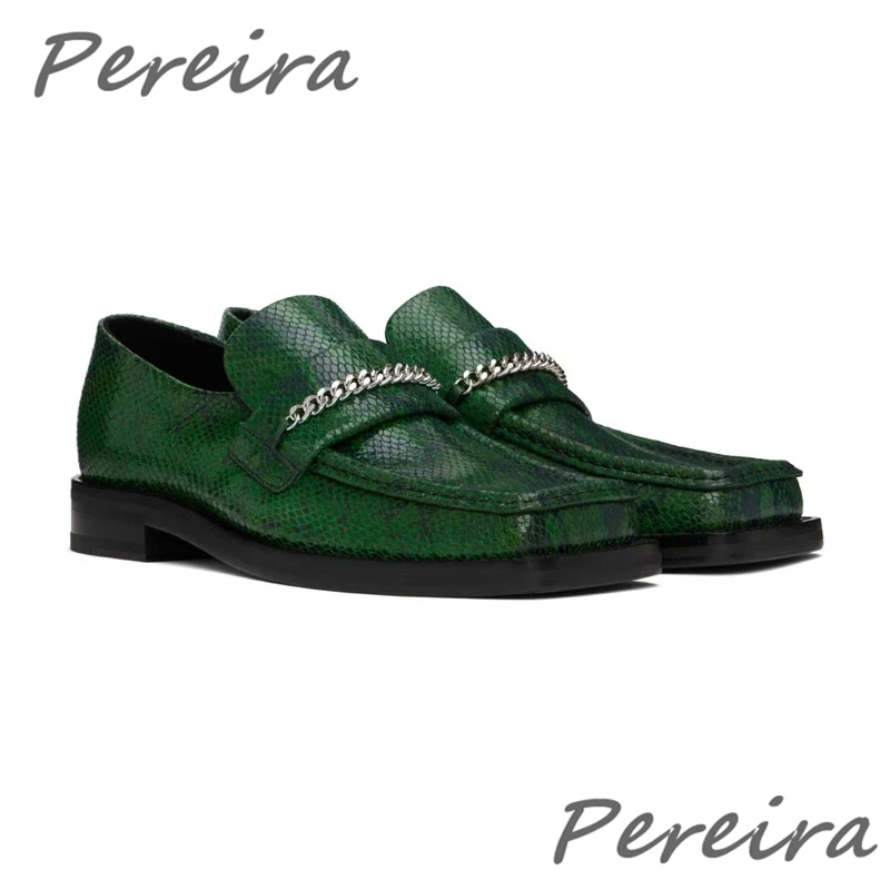 

Fashion Chain Decorative Dark Green Men Leather Shoes British Square Toe Business Dress Shoes Fish Scale Patter Casual Shoes