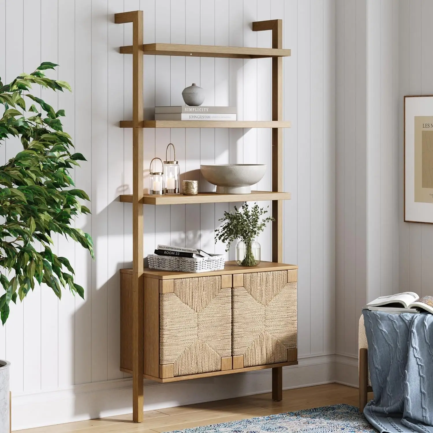 

Nathan James Beacon 3-Shelf Solid Wood Bookshelf with Storage Cabinet, Bohemian Wall Mounted Shelf with Seagrass Door Fronts