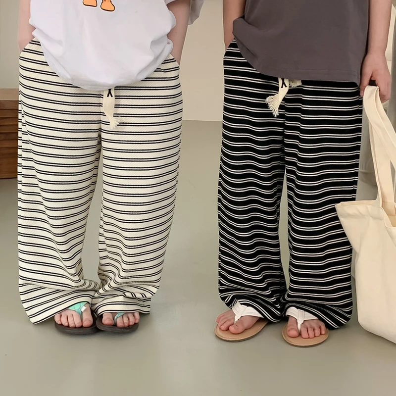 

Korean Fashion Drawstring Girls Striped Pant Summer Baby Girl Loose Pants Kids Boys Toddler Children Casual Straight Trousers