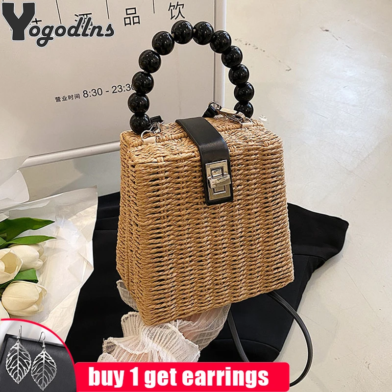 Bolso de paja tejido a mano con cuentas para mujer, bolso de mano pequeño para viaje de verano, mimbre con asa superior, hombro niña| | - AliExpress