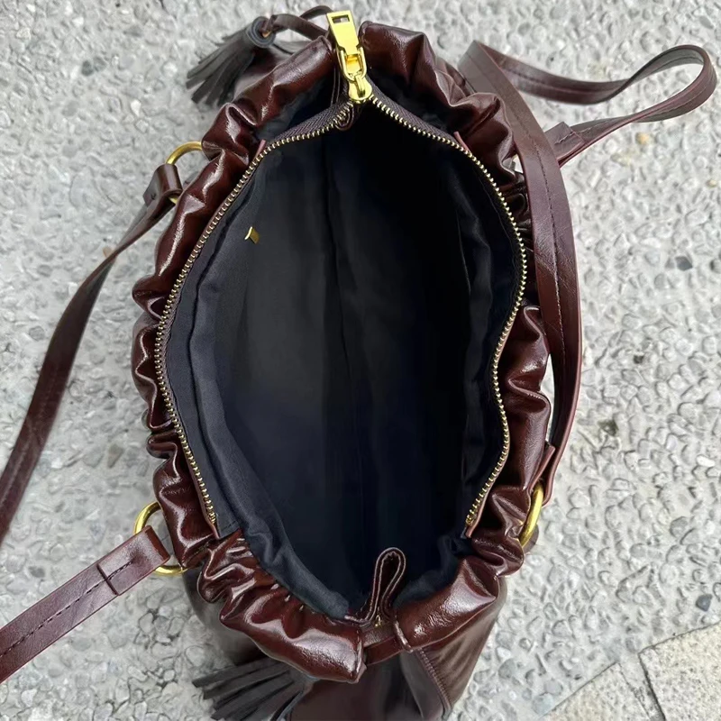 England Style Vintage Bags For Women Luxury Designer Handbags And Purses New In PU Oil Wax Leather Ruffle Underarm Shoulder