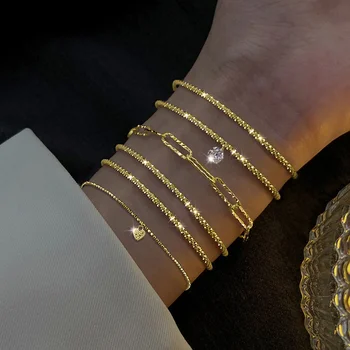 6 Pcs Fashion Gold Color Sparkling Adjustable Bracelets Set for Women Elegant Fine Bracelet New Wedding Party Jewelry Gifts