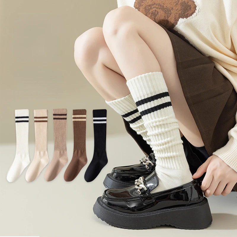 Girl Children's Calf Socks Autumn and Winter Thickened Mid-lenght Stockings Ins White Stripe Stockings