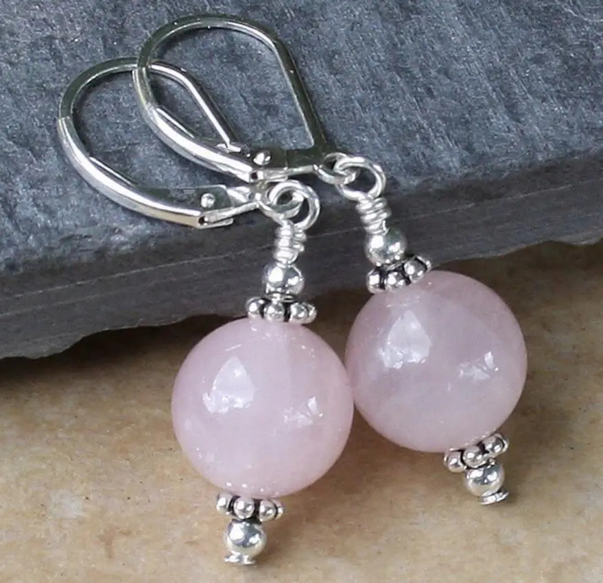 

Fashion Handmade Rose Quartz Round Beads Sterling Silver Dangle Earrings