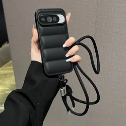 Versatile Crossbody Fashion Down Jacket Case with Adjustable Lanyard - Long Strap Solid Color Soft Cover - Pixel 6 (Balck)