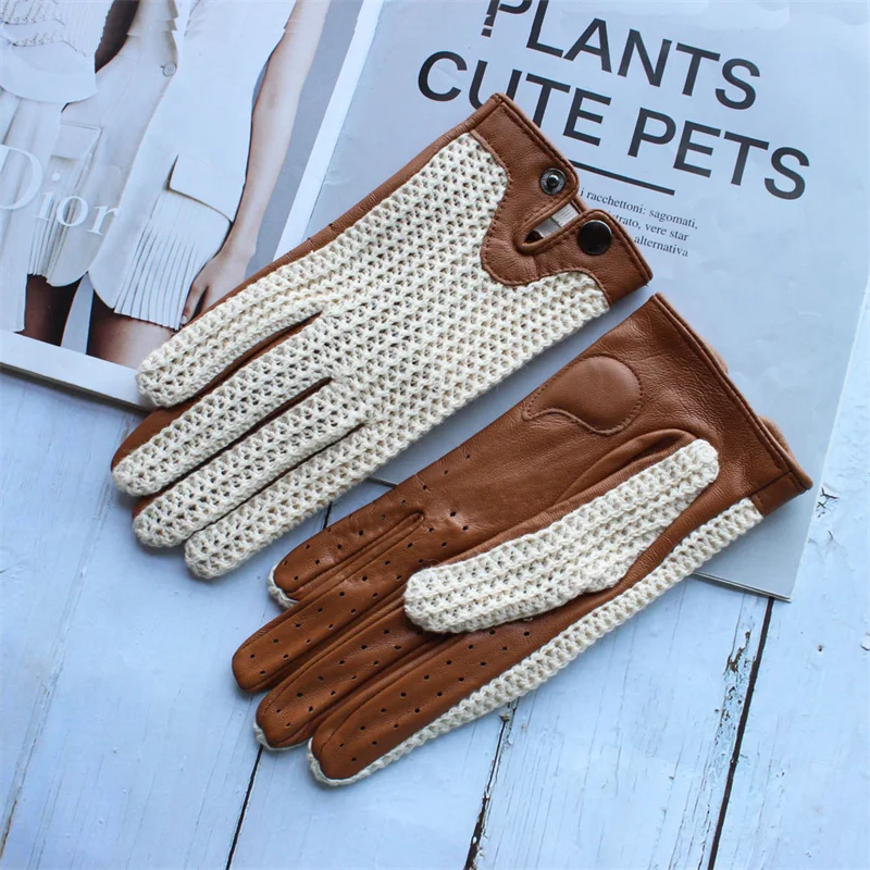 

New Autumn Men's Sheepskin Gloves Outdoor Riding Fashion Touch Screen Splicing Knitted Unlined Spring Driving Gloves