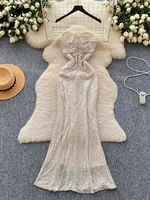 SINGREINY Senior Elegant Strap Dress Strapless Zipper Sequins Shinny Sundress Ruched Sheath Split Chic Women Evening Party Dress 2