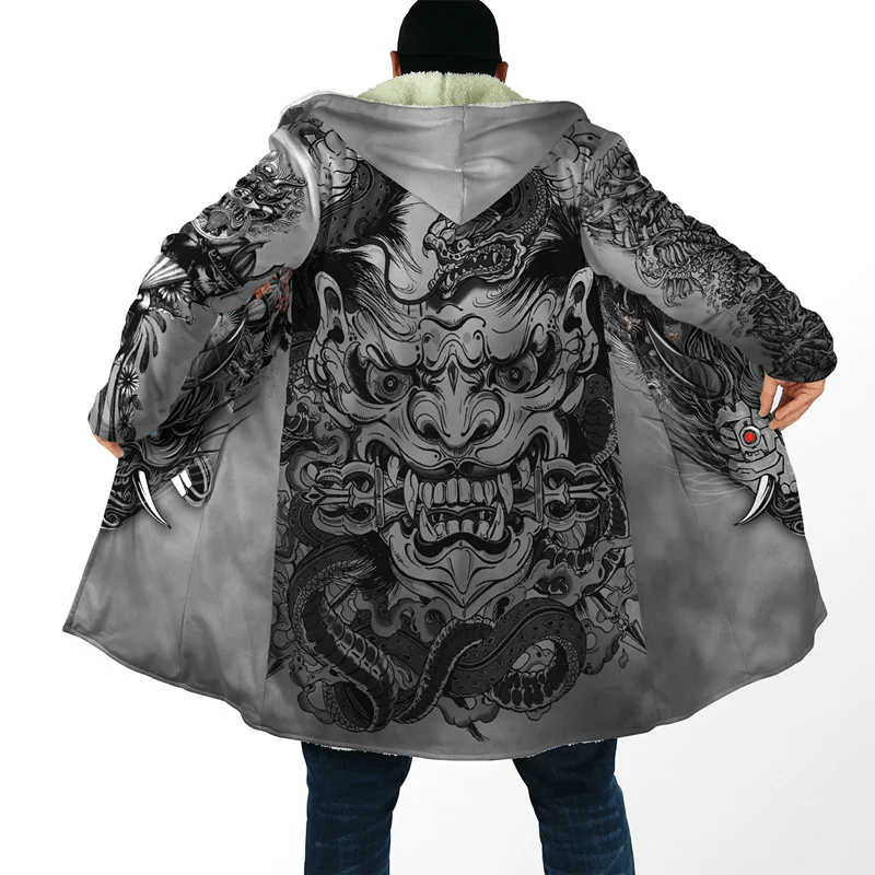 Fashion Winter Men's hooded cloak Samurai mask tattoo 3D printing wool windbreaker Unisex casual warm hooded cloak coat C001 3d printing gravity retractable samurai sword 3d retractable samurai sword 29 3d printing fidget knife katanatoy