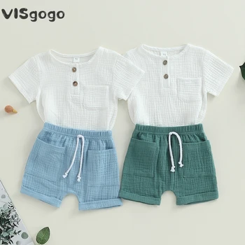 VISgogo 0-3Y Baby Boy Clothes Outfits Short Sleeve Button Down Pocket Tops Solid Color Shorts Set Toddler Summer Clothes 2Pcs 1